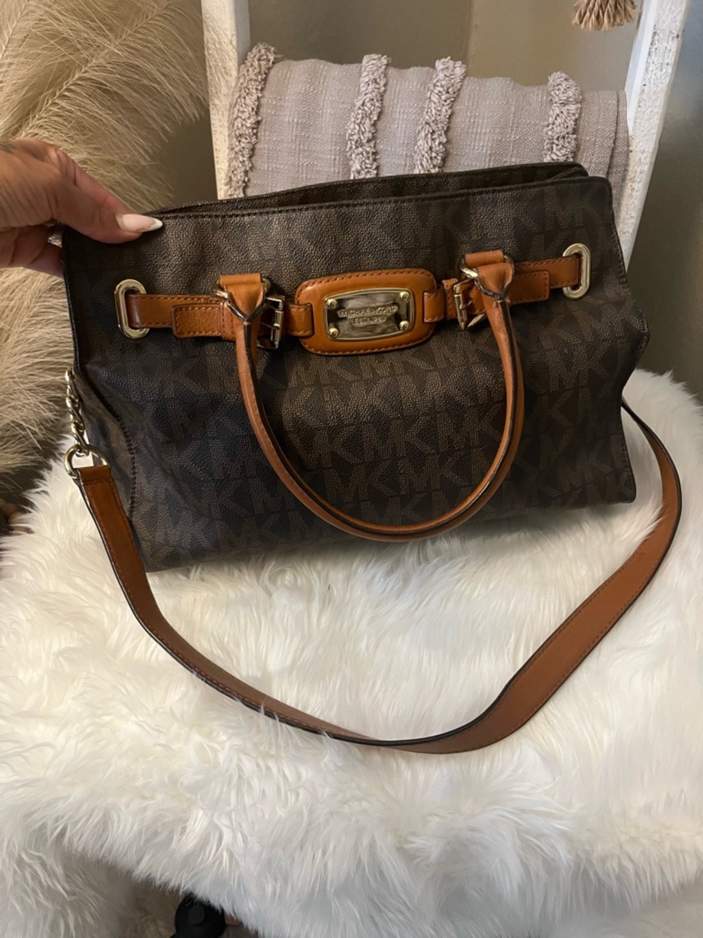 Michael Kors Dark Brown Logo Satchel with Tan Leather Trim and Gold Hardware